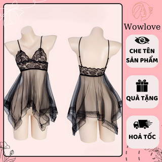 Đầm váy ngủ kiểu phối ren xuyên thấu đuôi cá tương phản nơ ren sexy