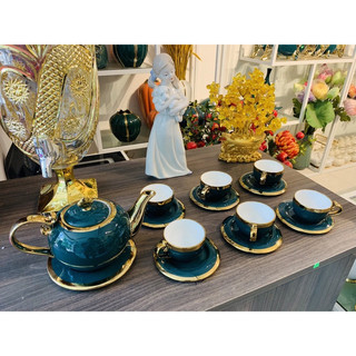 Bộ ấm pha trà màu xanh cổ vịt. bộ tách pha trà, ấm chén pha trà cao cấp, bộ tách pha trà xanh cổ vịt tay cầm điệu đẹp