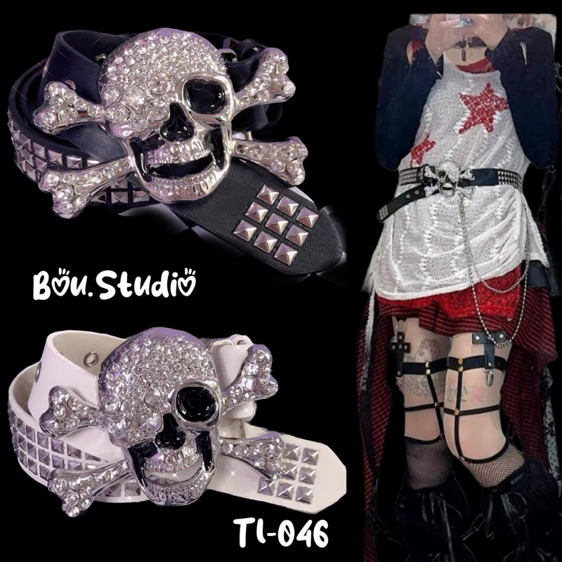 Thắt lưng đầu lâu đính hạt lấp lánh xương chéo phong cách hip hop đường phố gothic punk