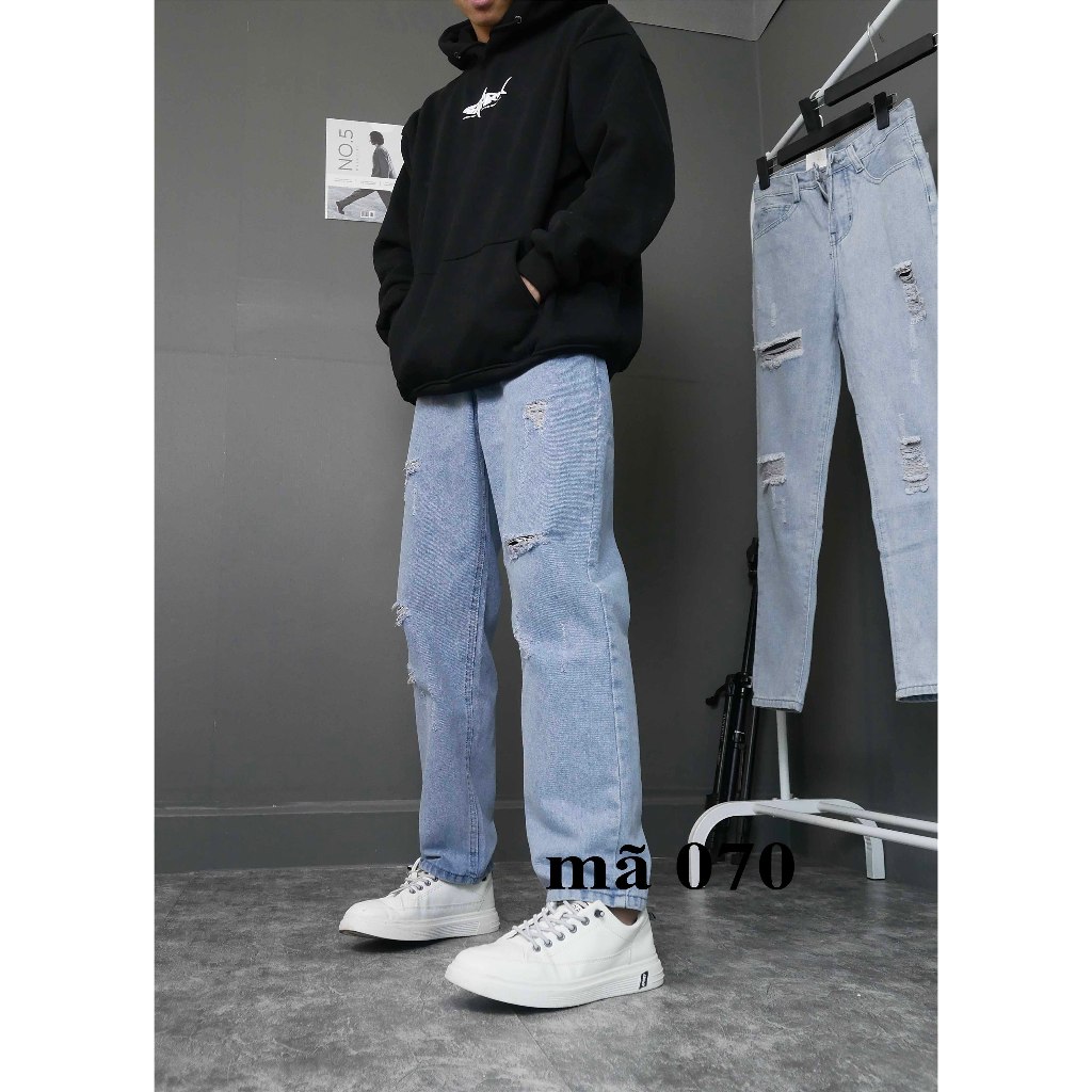 Quần jean nam ống suông rách gối dáng baggy màu xanh trắng nhạt mài xước đùi đẹp 050 Pon.mens
