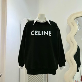 Áo Nỉ Sweater Ce Line Phối Cổ Sơ Mi Trắng Hai Màu Đen Và Đỏ Hottrend 2024 From Dáng Unisex