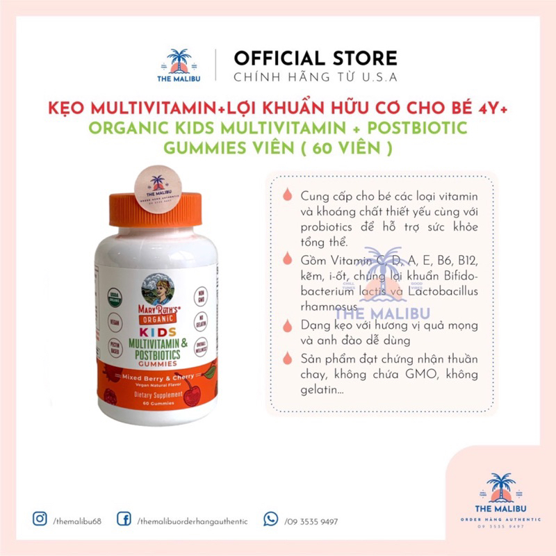 KẸO MULTIVITAMIN+LỢI KHUẨN HỮU CƠ CHO BÉ 4Y+ ORGANIC KIDS MULTIVITAMIN + POSTBIOTIC GUMMIES VIÊN ( 60 VIÊN )