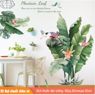 Decal dán tường trang trí - BỤI CHUỐI NỞ HOA KÈM CHỮ TIẾNG ANH-BA2101