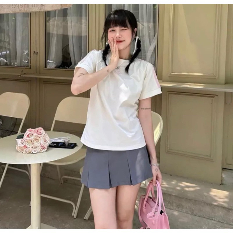 Áo thun baby tee KillSystem form fit Chữ K màu be  viền tay , Áo thun baby T-shirt kẻ viền vai màu hồng