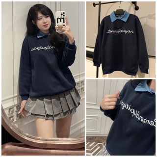 [HÀNG MỸ] Áo nỉ FOREVER21 lót bông xanh navy in chữ phối cổ sơ mi jean có thể tháo rời