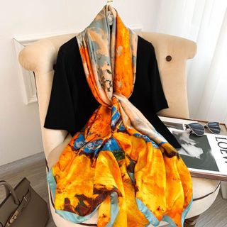 Khắn lụa satin hoạ tiết mây núi phong cảnh, khăn quàng cổ lụa phong cách nhẹ nhàng