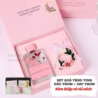 [Tặng thiệp] Set quà tặng tinh dầu thơm và sáp thơm Pink Lovely kèm túi xách