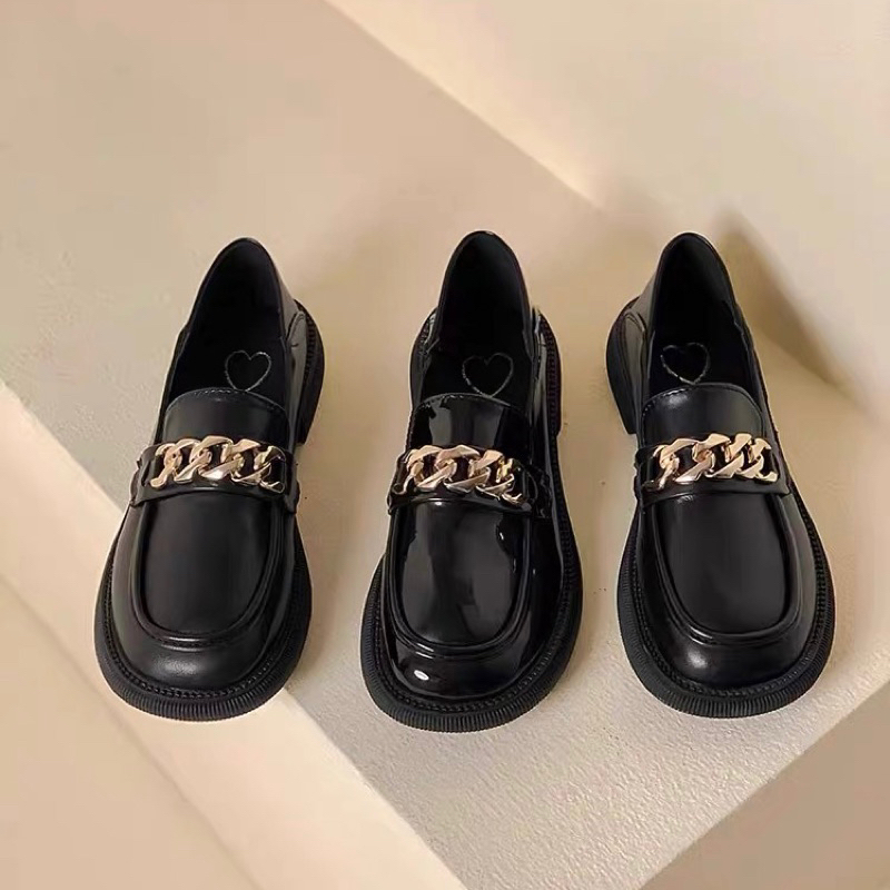Giày lười nữ Ulzzang da mềm phối khoá mắt xích đế cao 2cm