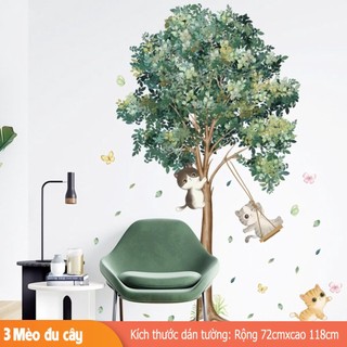 Decal trang trí tường - 3 Chú mèo con chơi xích đu vào leo cây-BA2152
