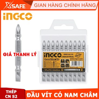 Bộ mũi vít 2 đầu dẹp và bake 10 chi tiết ingco sdb21hl133 thép công nghiệp s2 siêu bền, đầu vít có từ