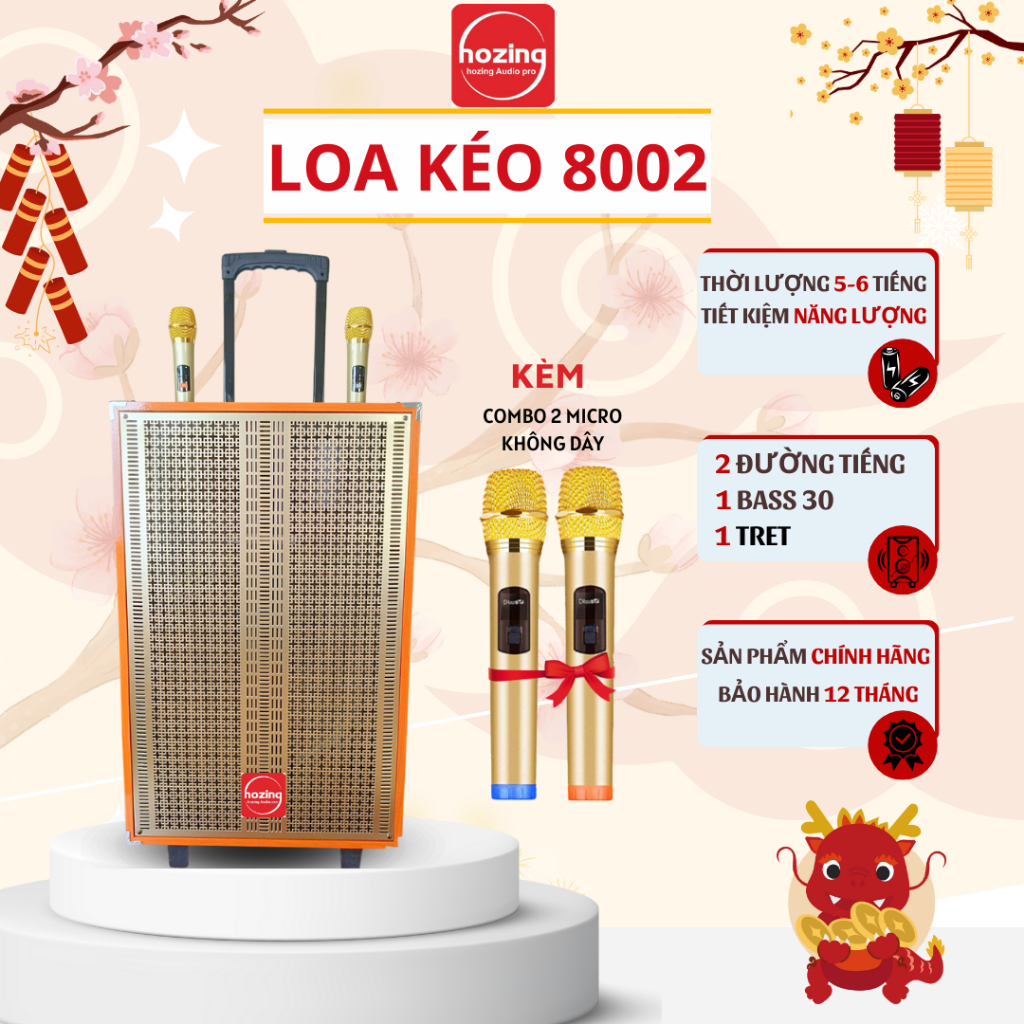 Bộ loa kéo HOZING 8002 kèm 2 micro gold bass 20 , có bánh xe ,Bảo Hành hãng 12 tháng