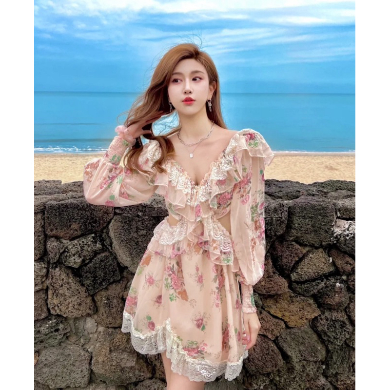 [SẴN VN]HEBE DRESS Đầm voan phối ren cổ V khoét eo tay bồng hoạ tiết hoa nhẹ nhàng nữ tính ulzzang SAM SAM BOUTIQUE