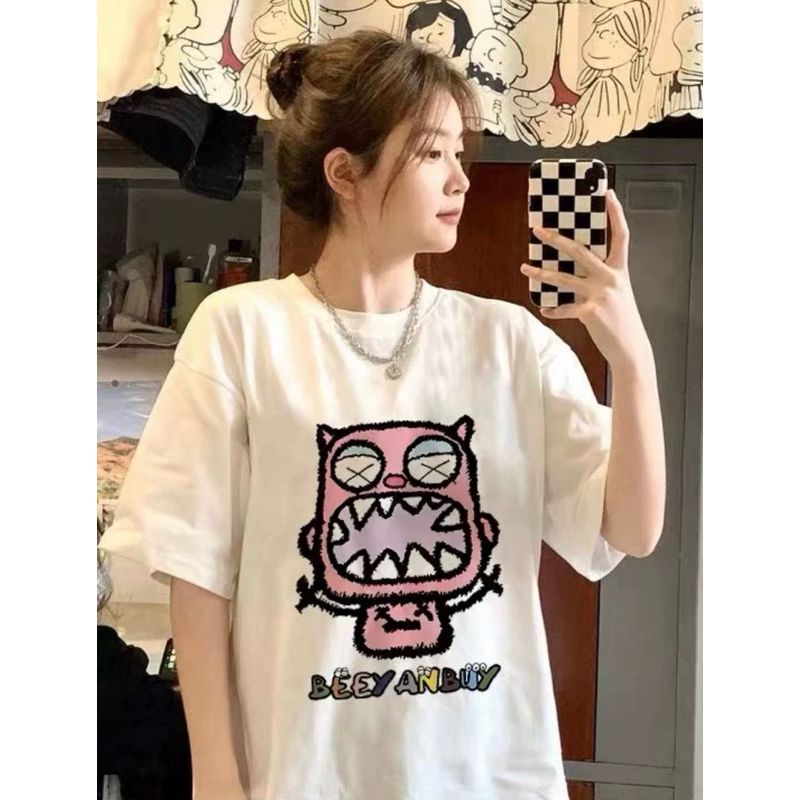 Áo Thun Nữ Tay Lỡ Form Rộng -Dáng Unisex In Hình Mèo Nhé Răng
