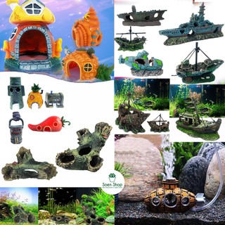 Mô hình con tàu đắm con thuyền dưới đáy biển, biển báo cá mập - mô hình con tàu - trang trí bể cá, bể thủy sinh
