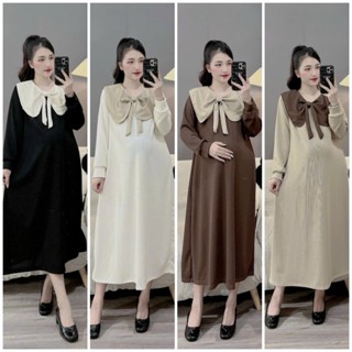 Đầm Bầu Dáng Dài, Váy Bầu Mùa Thu Đông Dài Tay Chất Da Cá Dày Dặn Cổ Tròn Dáng Suông Xinh Xắn-BAUXINH