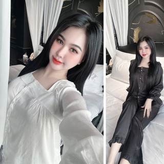 Đồ Ngủ Đồ Bộ Tiểu Thư Cổ U Hàng Thiết Kế - Chất Liệu Lụa Gấm Xước Cao Cấp Freesize 40-58kg