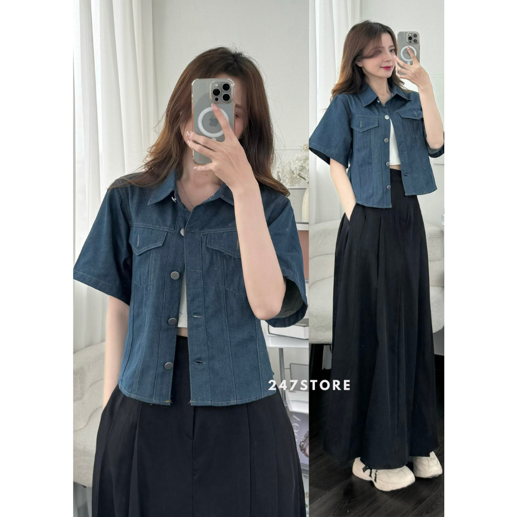 Áo jean nữ cộc tay phối cúc kèm 2 túi nhỏ cá tính - 247store.vn - Aojeancrt7019_P0K17