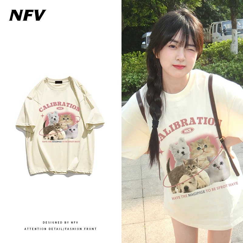 Áo thun cotton form rộng unisex in hình 5 bé mèo