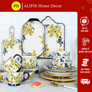 Bộ đĩa sứ decor họa tiết hoa Mai Vàng cao cấp Alifis