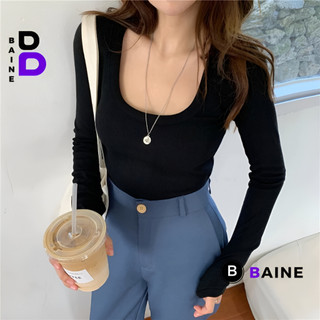 Áo Thun TAY DÀI CỔ U TRƠN Nữ, Áo Babbytee Trơn Cổ Vuông Chất Thun Gân Kiểu Hàn Quốc Dáng Dài BAINE