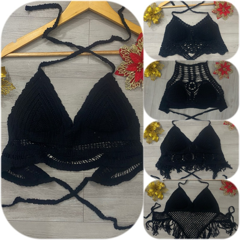 [Nhiều mẫu]- Áo bra len móc đi biển màu đen, thời trang bikini mùa hè 2024