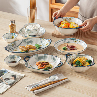 Tách Lẻ Bộ Bát Đĩa Sứ Hoa Thuỷ Tinh Viền Xanh Tráng Men Cao Cấp GoSuMi HTT001