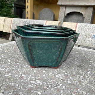  Bộ 5 chậu lục giác gốm Bát Tràng men xanh hỏa biến trồng bonsai cây cảnh mini 