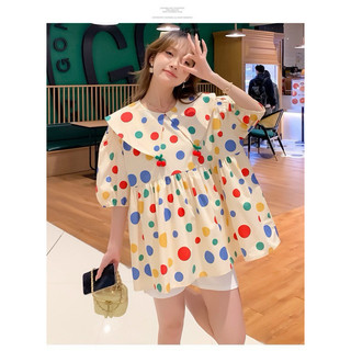 Tkutrang A032 | áo bầu sơ mi babydoll chấm bi đặc sắc