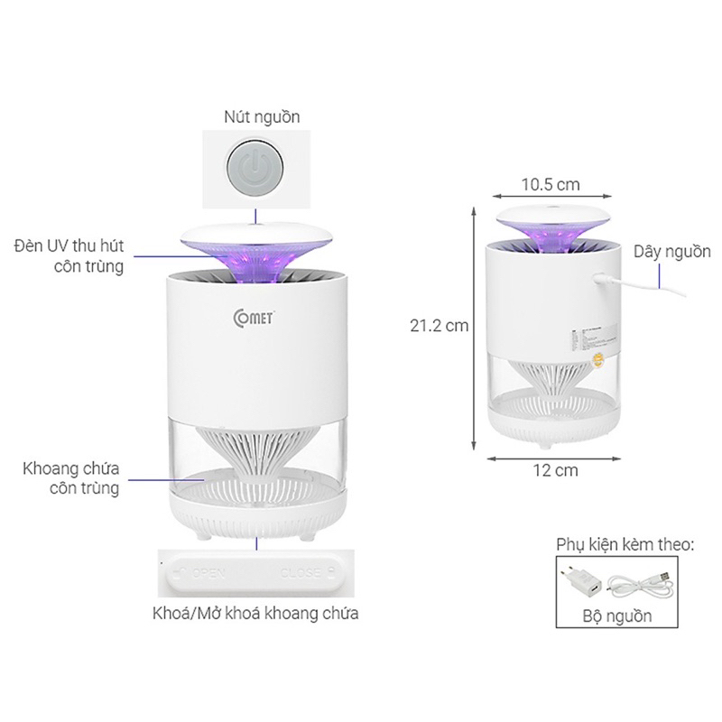 Đèn bắt muỗi Comet CM078, thiết kế nhỏ gọn, tinh tế, sang trọng, thu hút và bẫy diệt muỗi, côn trùng