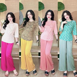 Đồ lam đi chùa nữ cách tân gấm cổ tròn bà ba dây kéo sau lưng quần lụa latin