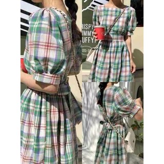 Đầm babydoll dáng dài ,váy maxi kẻ caro xanh tay bồng cột nơ lưng cho nàng mặc đi chơi đi làm -BEBEDOLL