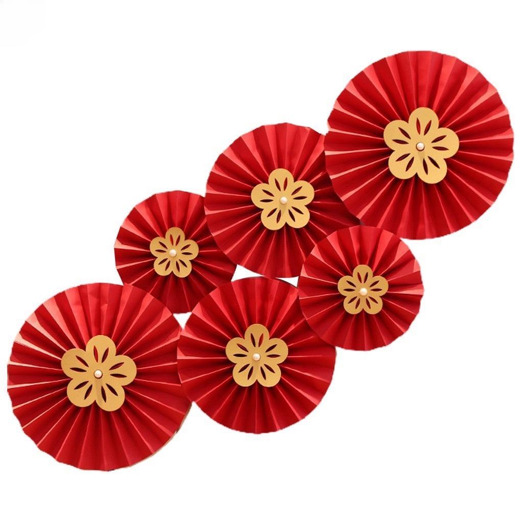 Set 6 Quạt Giấy Tròn Đầu Lân Decor Trang Trí Lễ Tết