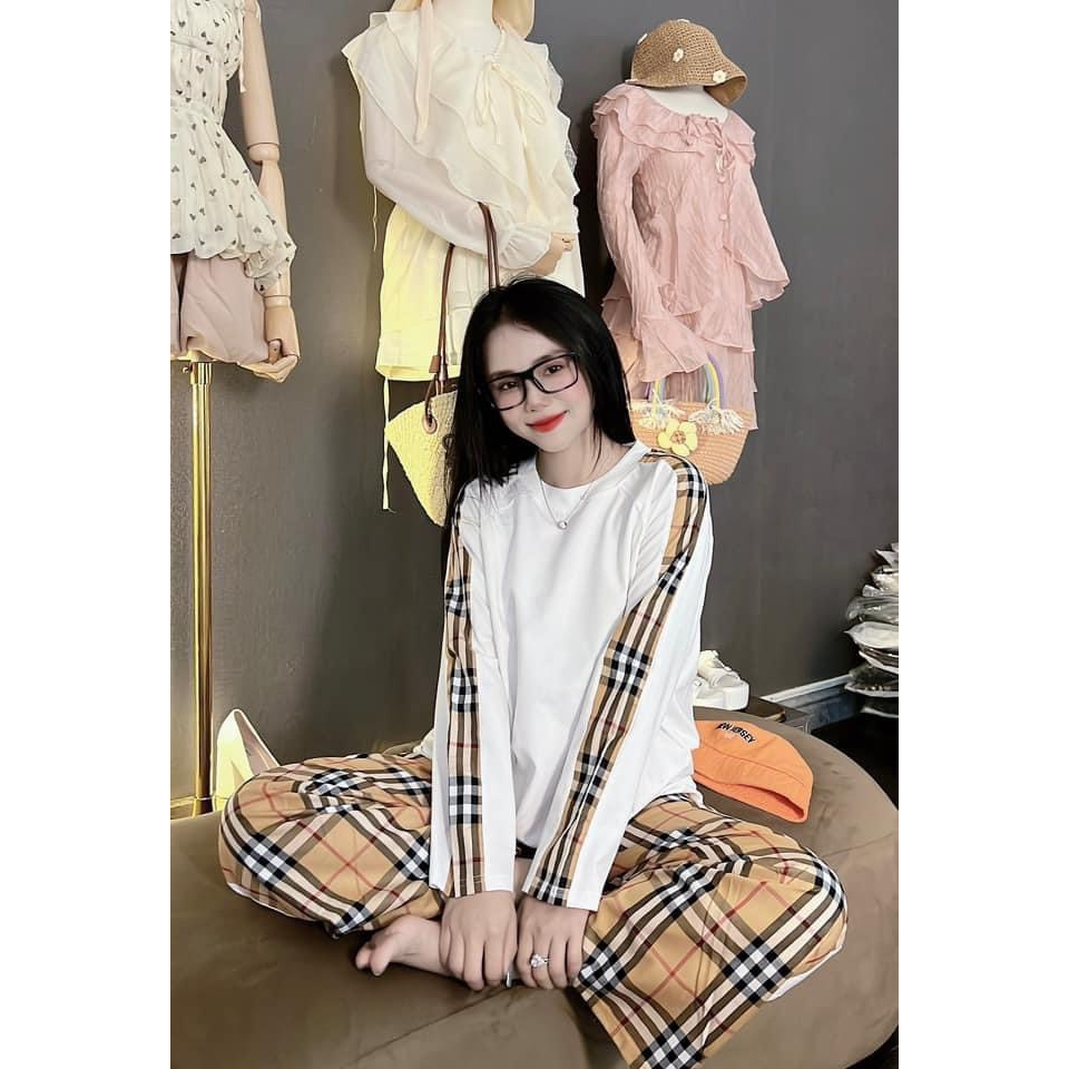 Set Bộ BBR Nữ Cotton Tàu Mix Quần Kẻ Thô Cạp Chun Hit Hot