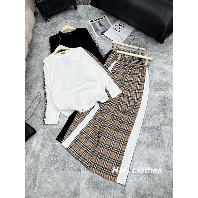 Set Bộ BBR Nữ Cotton Tàu Mix Quần Kẻ Thô Cạp Chun Hit Hot