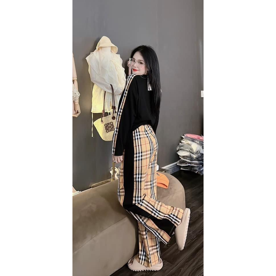 Set Bộ BBR Nữ Cotton Tàu Mix Quần Kẻ Thô Cạp Chun Hit Hot