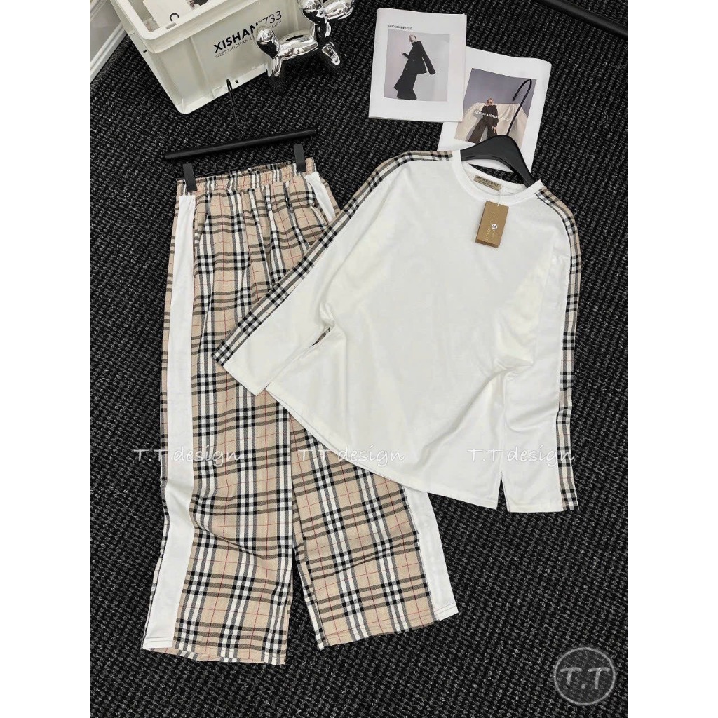 Set Bộ BBR Nữ Cotton Tàu Mix Quần Kẻ Thô Cạp Chun Hit Hot