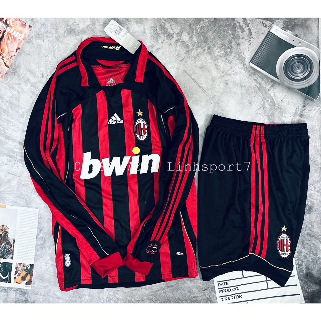 Bộ Áo Đấu Bóng Đá Retro Hàng Thái CLB Ac Milan 2007 Sân Nhà dài tay màu đỏ Đen KaKa 22