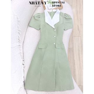 Đầm công sở Nhật Vy cổ bèo tay nhún đính cúc bọc form dáng ôm chất lụa phù hợp dạo phố đi tiệc sang chảnh- D2871