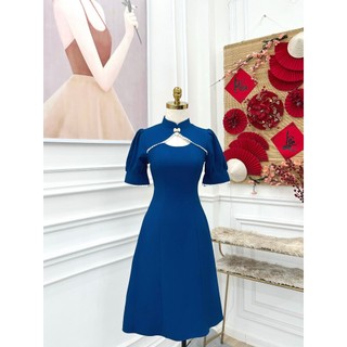 Đầm dự tiệc Nhật Vy cổ tàu tay bồng viền ren nhỏ form dáng xoè chất lụa phù hợp đi chơi dạo phố sang chảnh - D2963