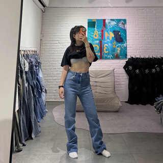 Quần jeans suông đứng lưng cao co dãn - xanh jean wash