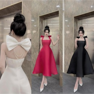 M449 - Đầm tafta dự tiệc dây cổ đính nơ phối dây cườm dáng A midi (3 màu)