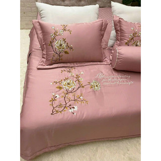 Bộ chăn ga phi lụa thêu hoa Trà set 5 món