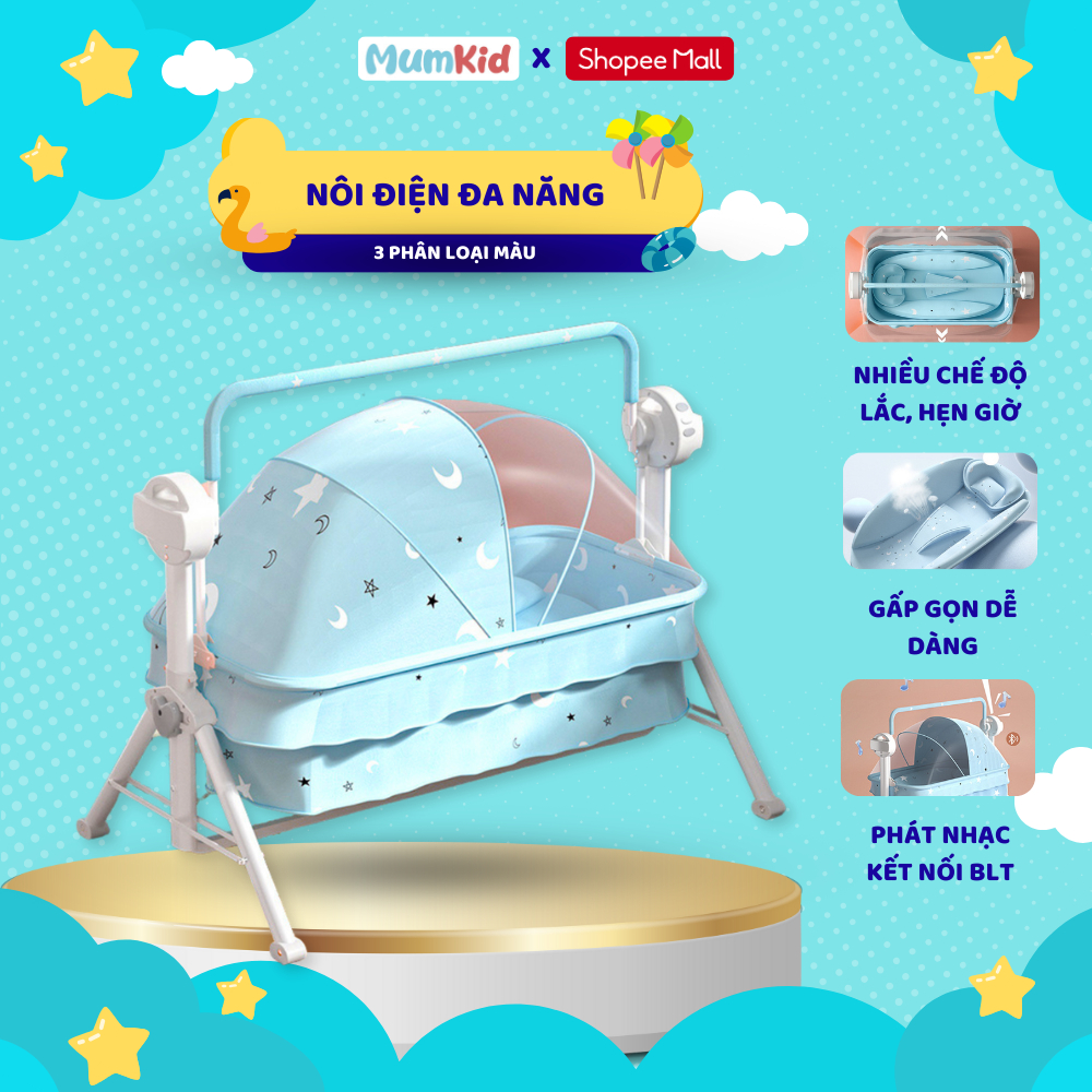 Nôi điện tự động Mumkid cao cấp kèm màn chống côn trùng, nôi cũi đa năng có âm thanh qua bluetooth - MK23005