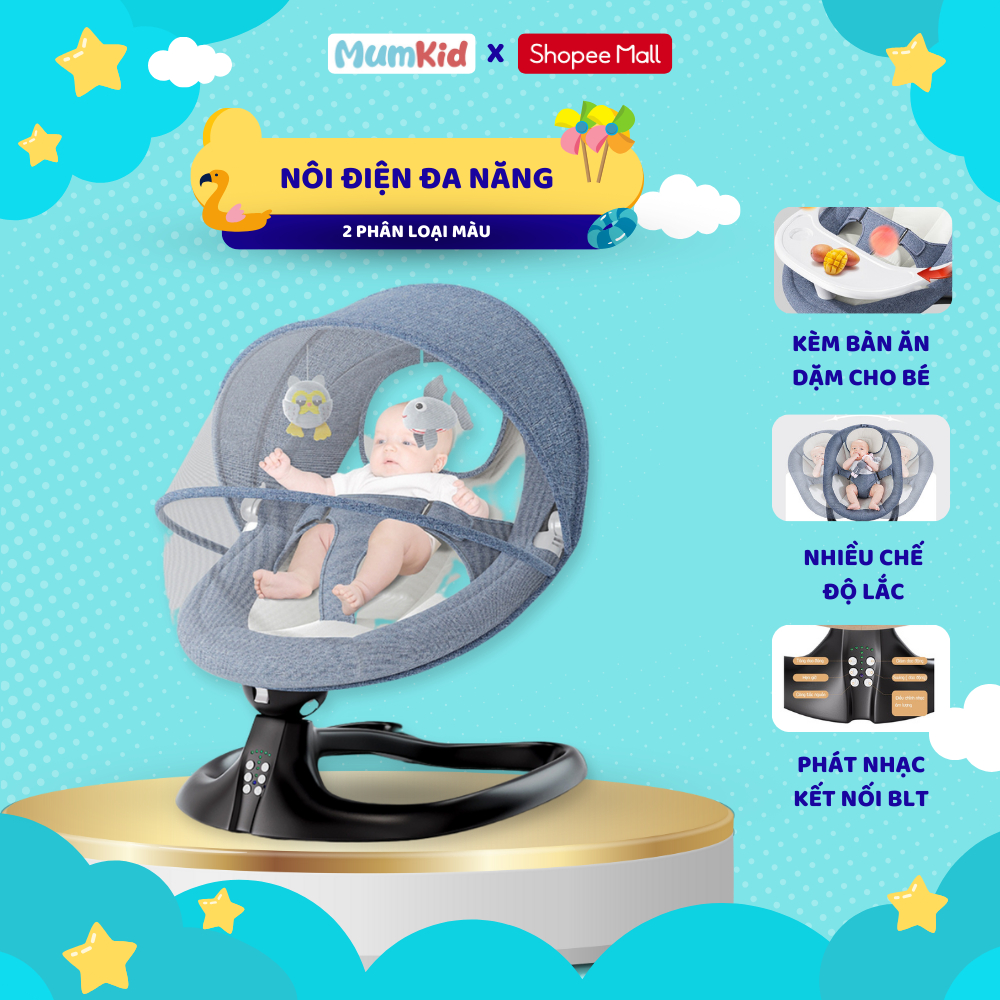 Nôi điện đưa tự động Mumkid có điều khiển từ xa,tựa lưng nâng hạ thành ghế ăn dặm - Bảo hành 12 tháng