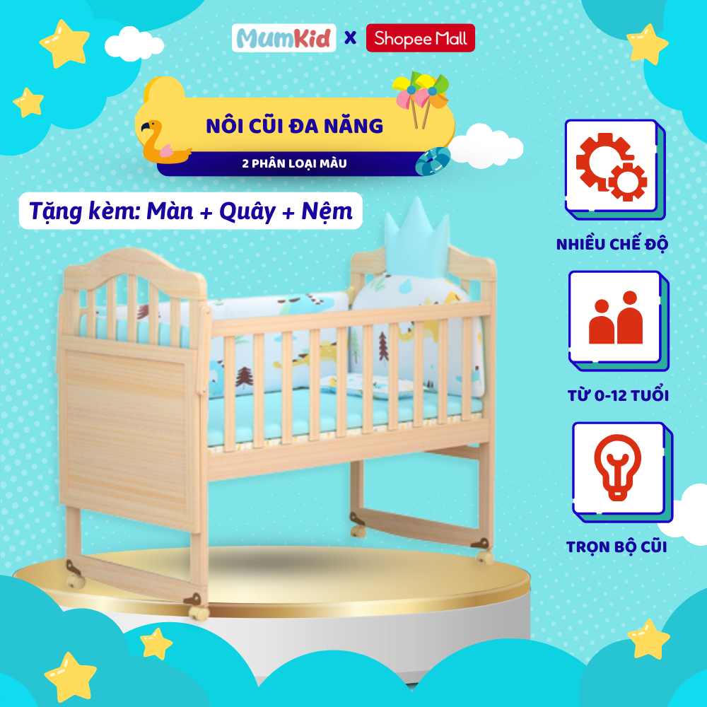 Nôi cũi cho em bé MumKid, cũi đa năng 6 chế độ tiện lợi cho mẹ&bé, sử dụng từ 0 đến 12 tuổi (Tặng màn, quây nệm)