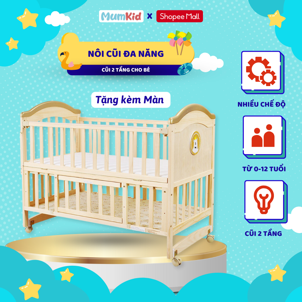 Cũi trẻ em MumKid, Nôi cũi 2 tầng đa năng các chế độ tiện lợi cho mẹ & bé, sử dụng từ 0 đến 12 tuổi - MK23002