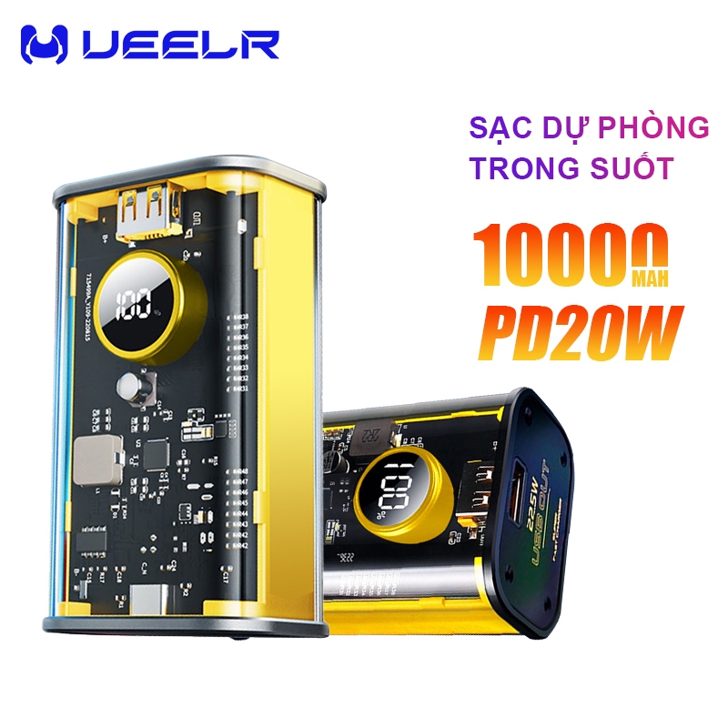 UEELR Sạc Dự Phòng Trong Suốt 10000mAh Với 2 Cổng Sạc Nhanh 22.5w và PD 20W QC Kèm 4 Đầu Sạc Màn Hình Đối với Type-C/USB
