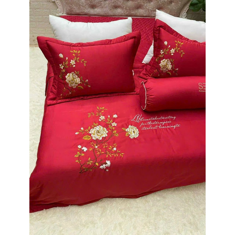Bộ chăn ga phi lụa thêu hoa Trà set 5 món