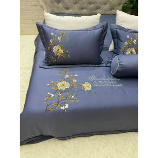 Bộ chăn ga phi lụa thêu hoa Trà set 5 món