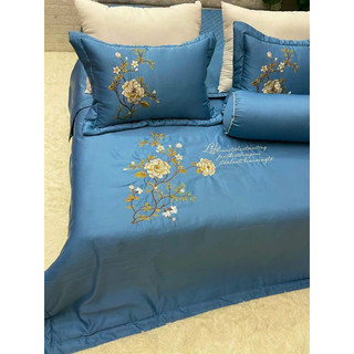 Bộ chăn ga phi lụa thêu hoa Trà set 5 món